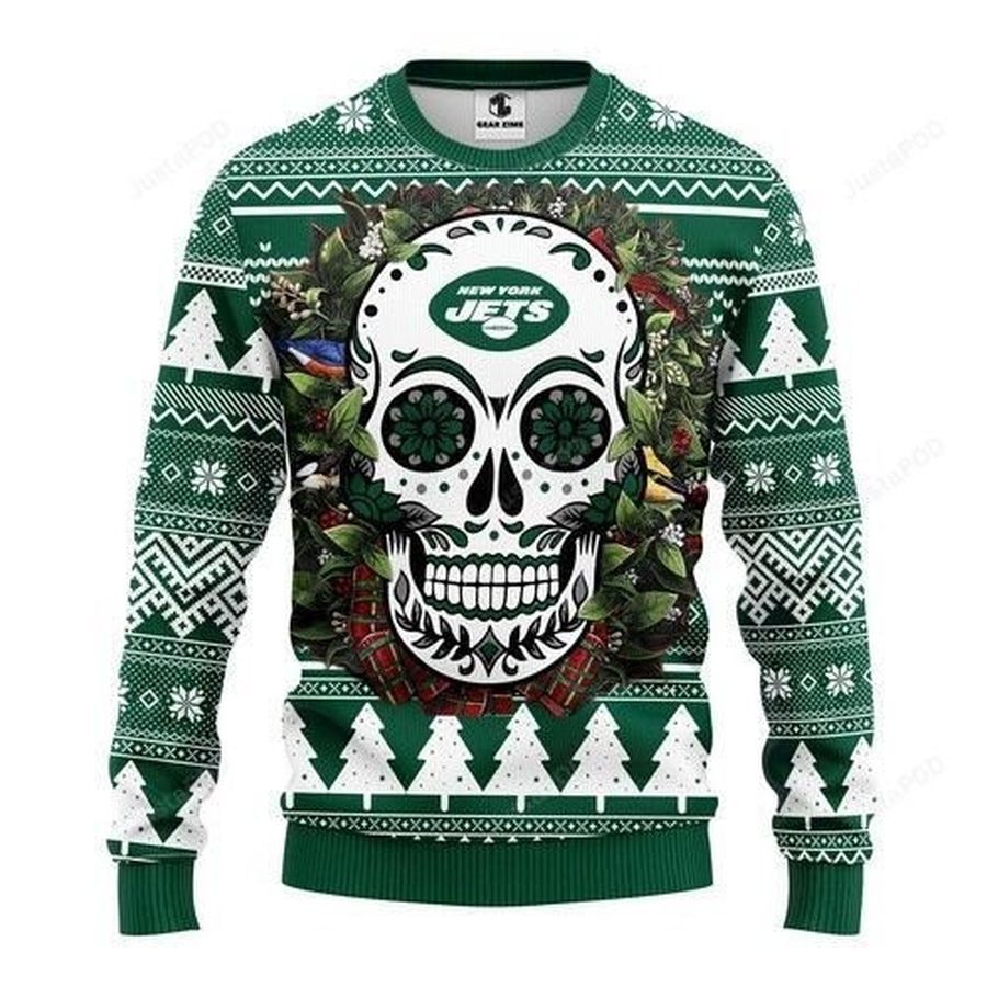 Nfl New York Jets Skull Ugly Christmas Sweater All Over