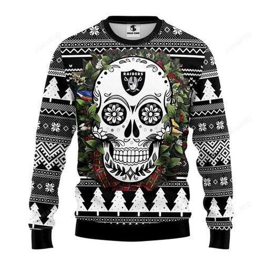 Nfl Oakland Raiders Skull Flower Ugly Christmas Sweater All Over
