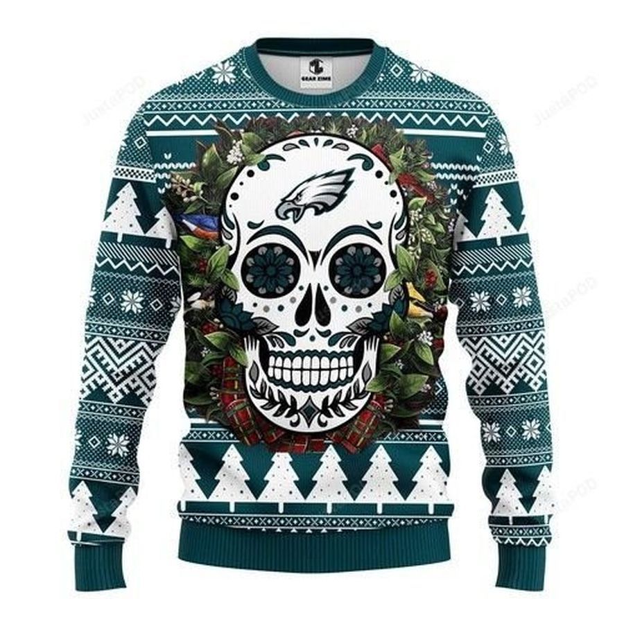 Nfl Philadelphia Eagles Skull Flower Ugly Christmas Sweater All Over
