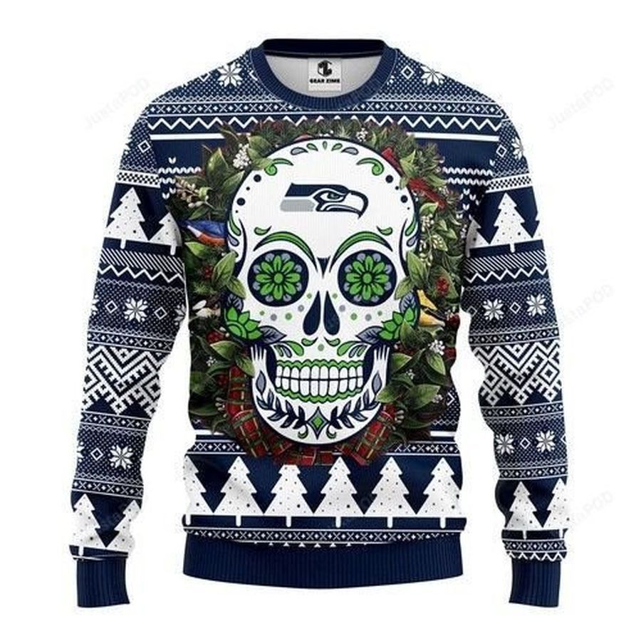 Nfl Seattle Seahawks Skull Flower Ugly Christmas Sweater All Over