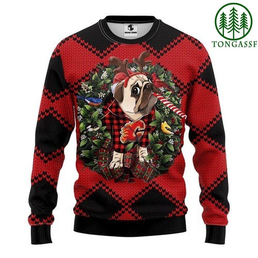 Nhl Calgary Flames Pug Dog and Candy Cane Christmas Ugly Sweater