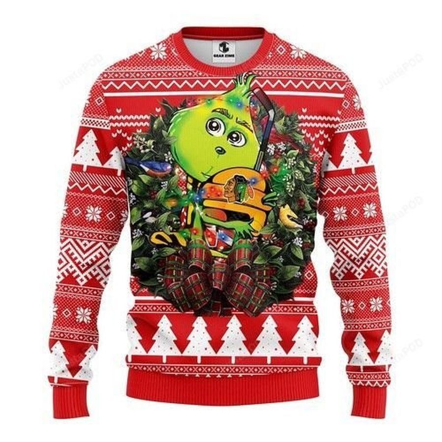 Nhl Chicago Blackhawks Grinch Hug Ugly Christmas Sweater All Over