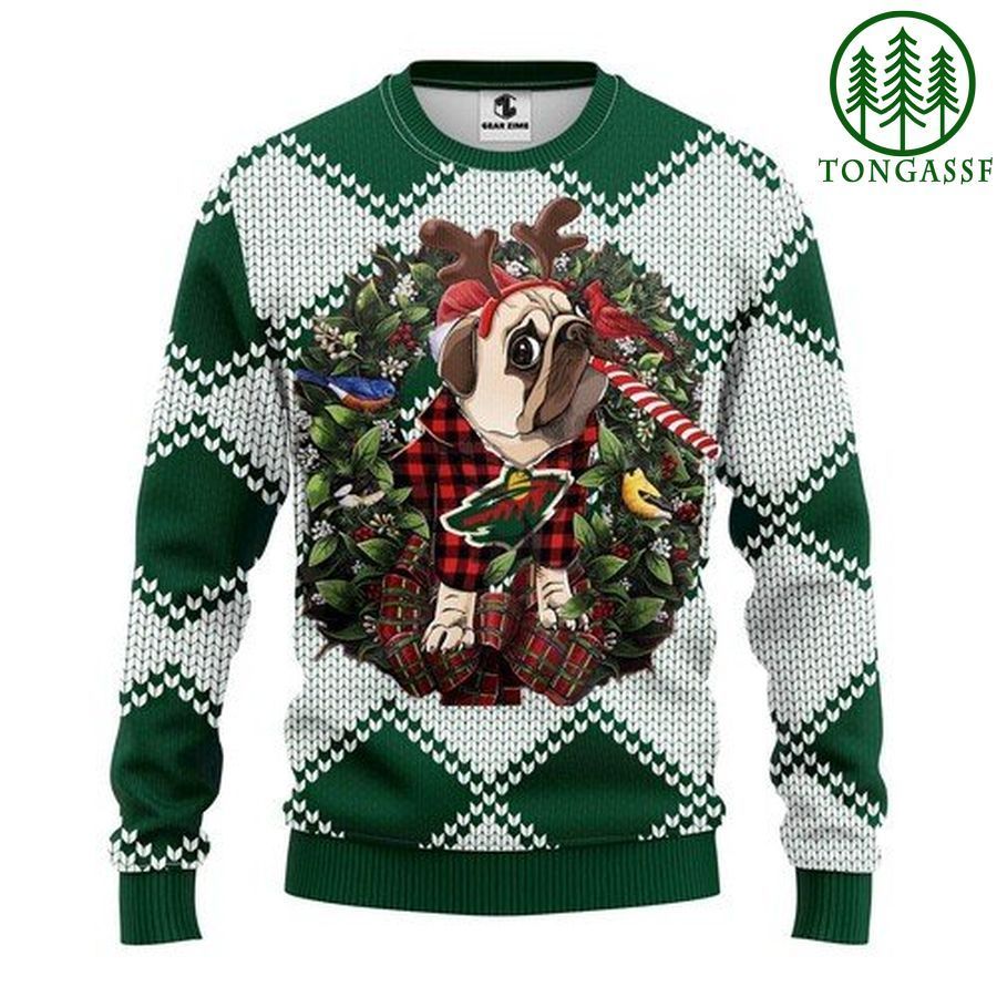 Nhl Minnesota Wild Pug Dog and Candy Cane Christmas Ugly Sweater