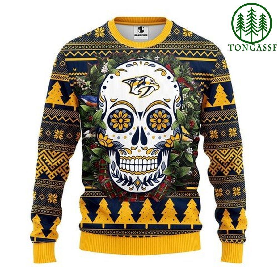 Nhl Nashville Predators Skull Flower Christmas Ugly Sweater