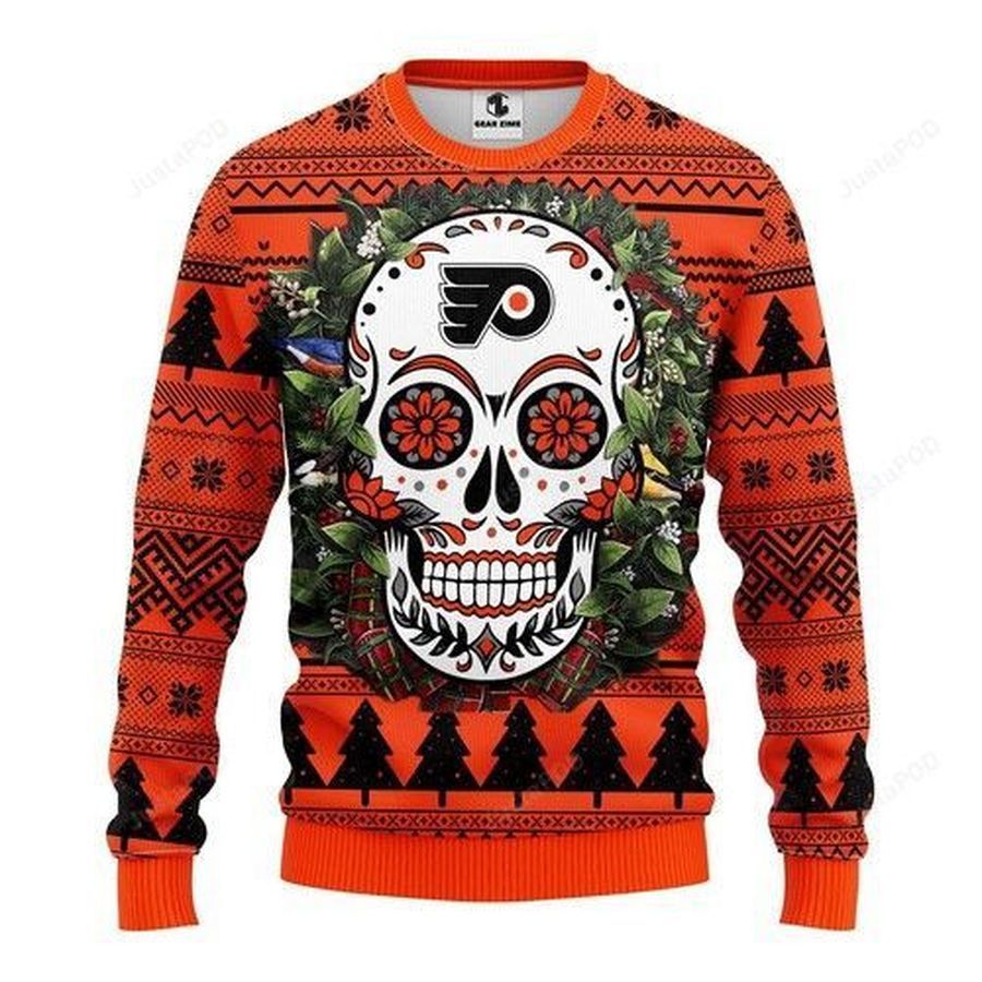 Nhl Philadelphia Flyers Skull Flower Ugly Christmas Sweater All Over