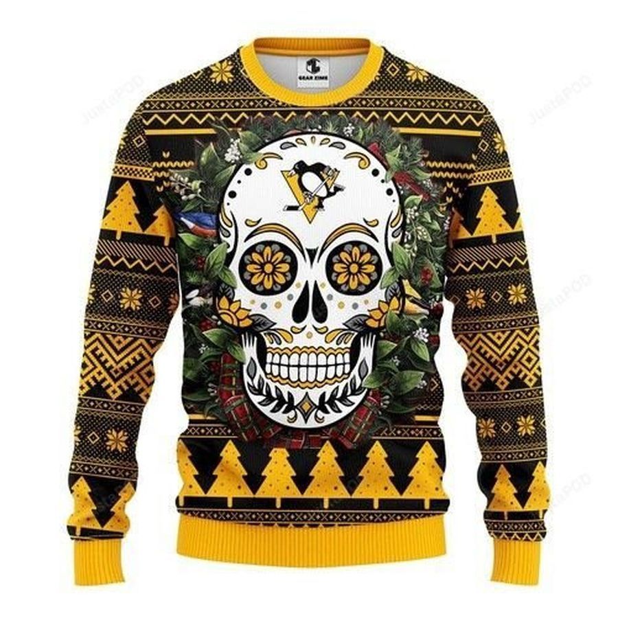 Nhl Pittsburgh Penguins Skull Flower Ugly Christmas Sweater All Over