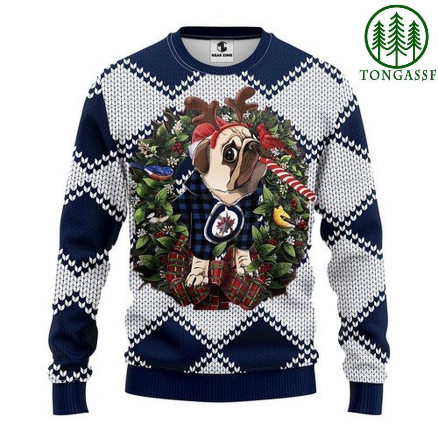 Nhl Winnipeg Jets Pug Dog and Candy Cane Christmas Ugly Sweater