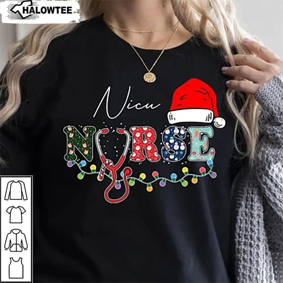 Nicu Nurse Christmas Shirt Heart Beat Santa Hat String Light