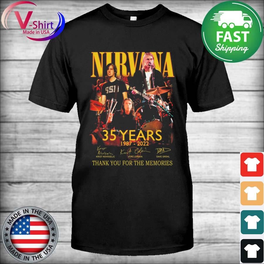 Nirvana 35 years 1987 2022 Krist Novoselic Kurt Cobain Dave Grohl signatures shirt