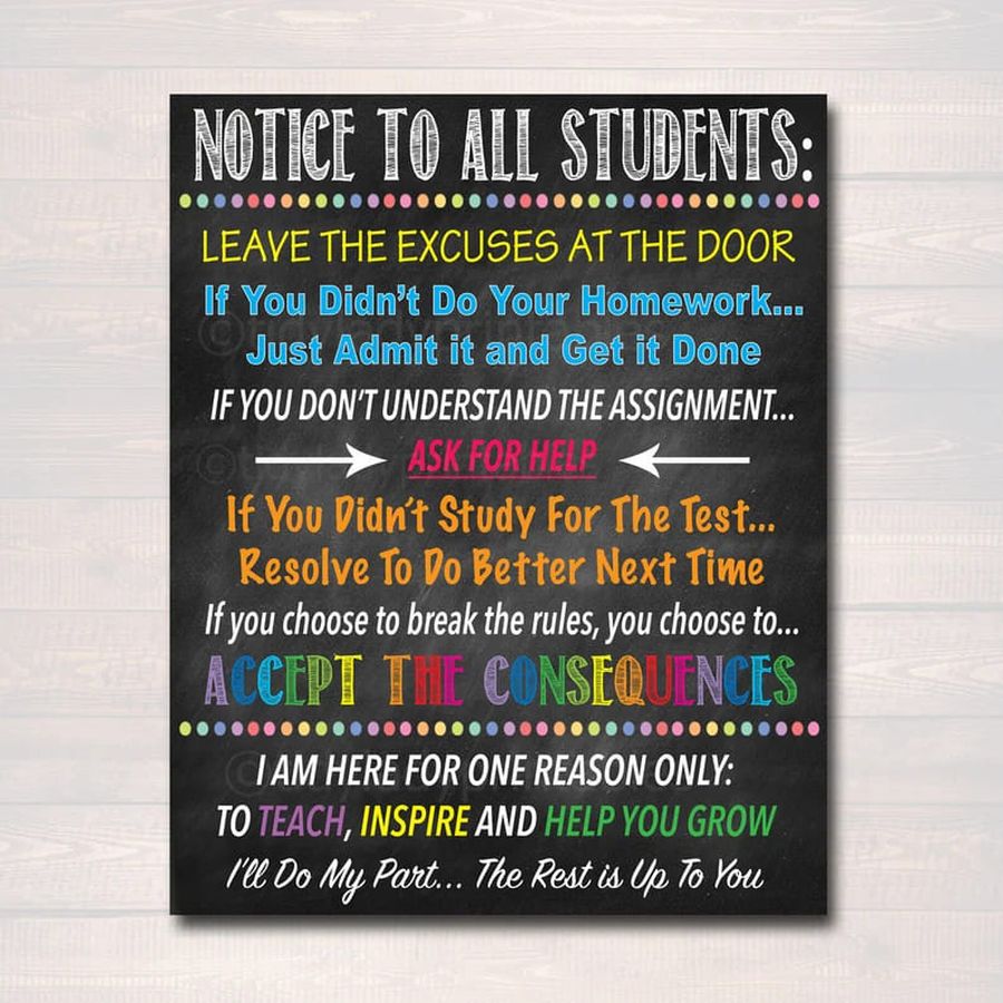 Notice To All Students Leave The Excuses At The Door Accept The Consequences, Back To School Poster