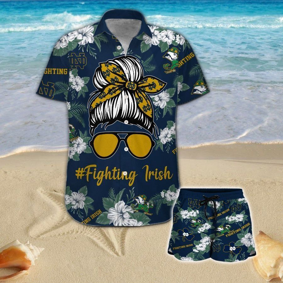 Notre Dame Fighting Irish Girl Messy Bun Short Sleeve Button Up Tropical Aloha Hawaiian Shirts For Men Women