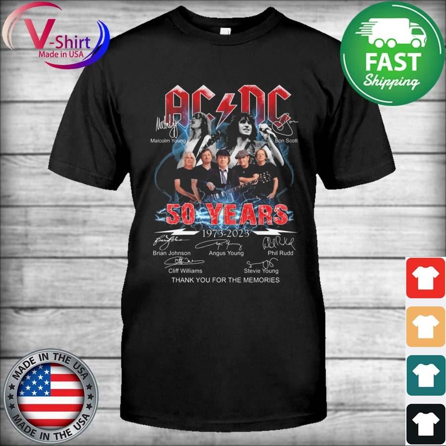 Official AC DC 50 years 1973 2023 signatures thank you for the memories shirt
