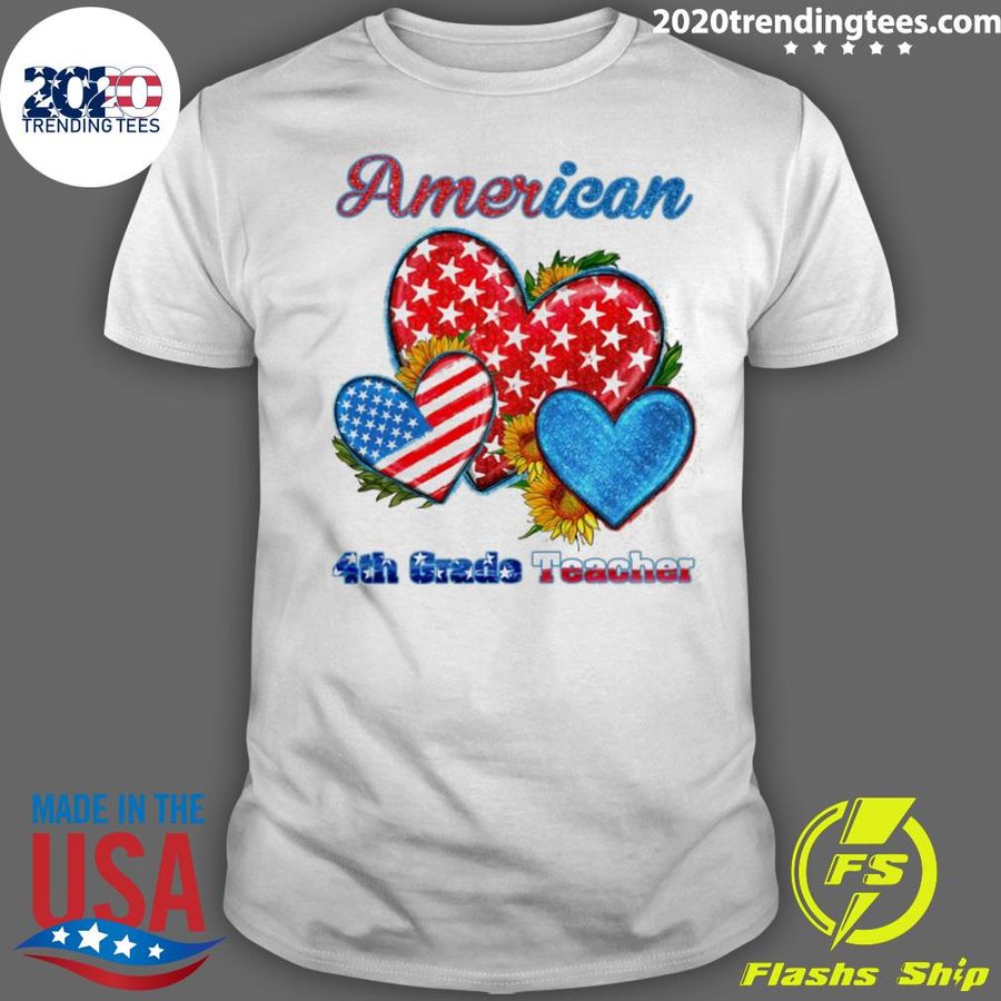 Official american Flag Hearts With Sunflowers 4th Grade Teacher T-shirt