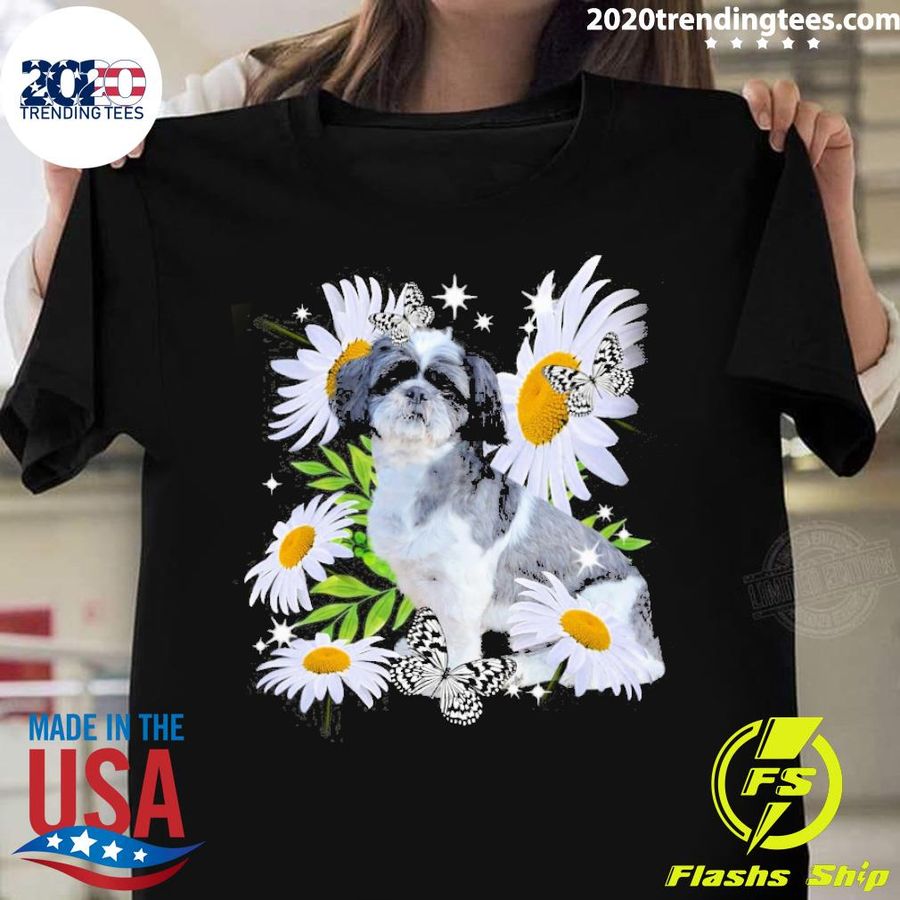 Official black And White Shih Tzu Dog Daisy Flower T-shirt