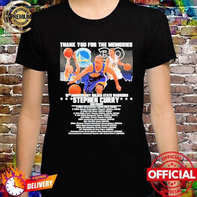 Official stephen Curry 12 anniversary Golden Statte warriors signature thank you for the memories shirt
