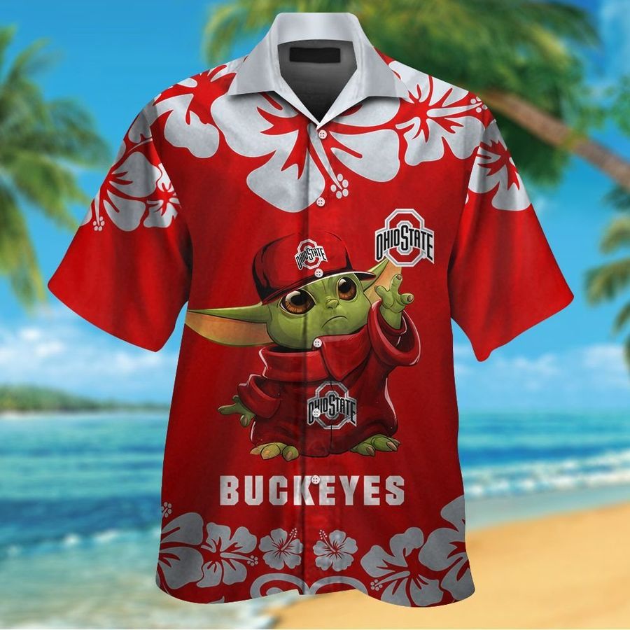 Ohio State Buckeyes Baby Yoda Short Sleeve Button Up Tropical Aloha Hawaiian Shirts For Men Women