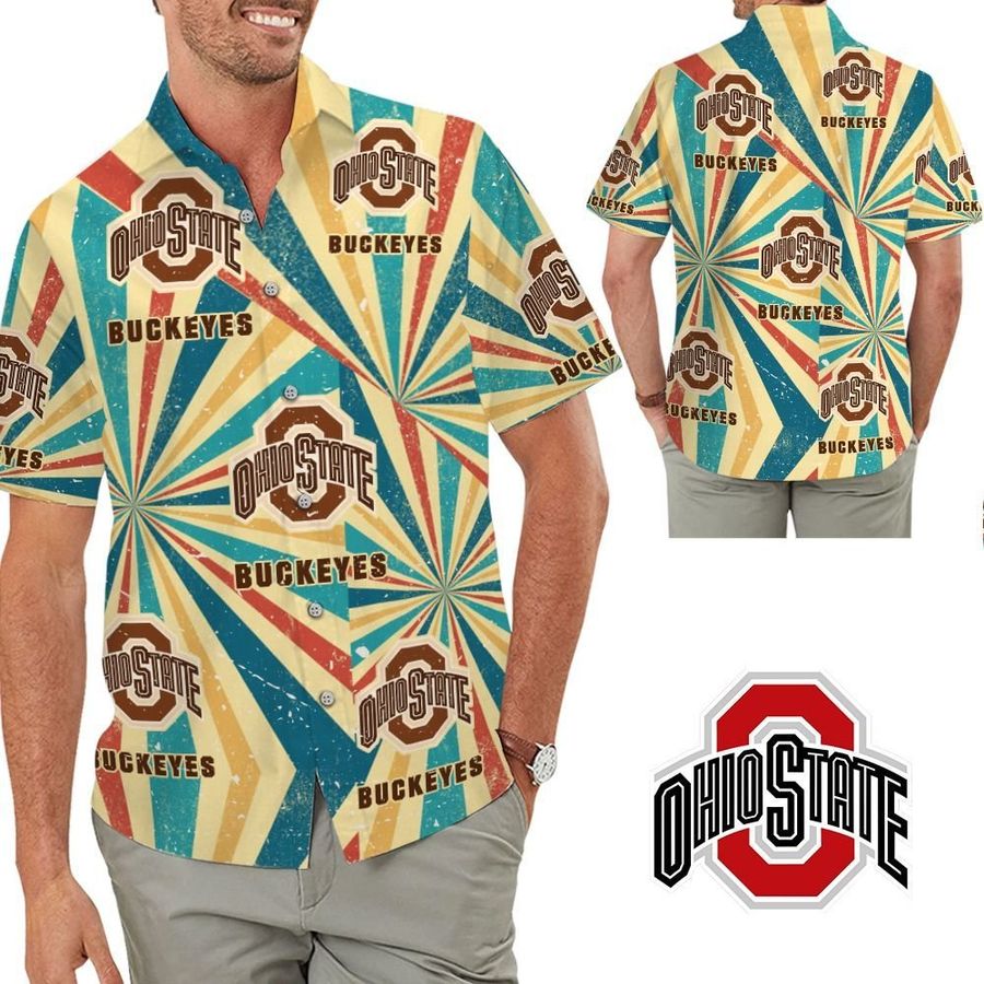 Ohio State Buckeyes Retro Vintage Style Short Sleeve Button Up Tropical Aloha Hawaiian Shirts For Men Women For Trumpeters On Beach Summer Vacation Ohio State University