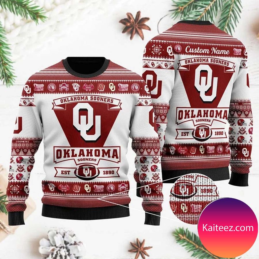 Oklahoma Sooners Football Team Logo Custom Name Personalized Christmas Ugly Sweater