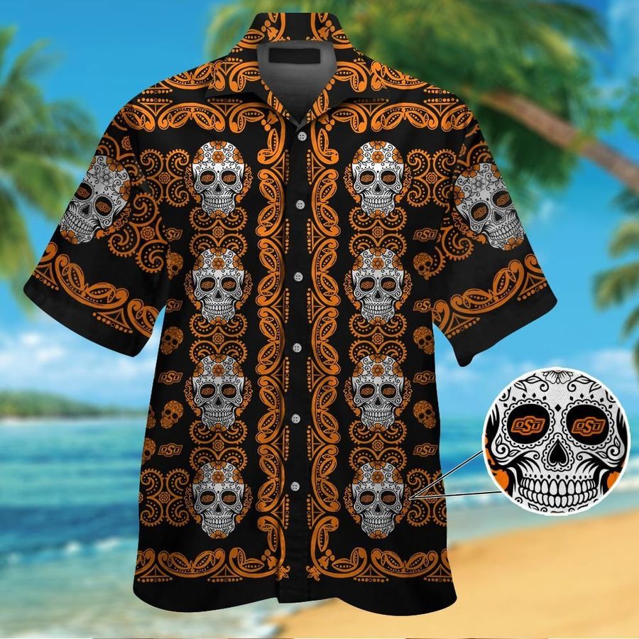 Oklahoma State Cowboysskull Short Sleeve Button Up Tropical Aloha Hawaiian Shirts For Men Women
