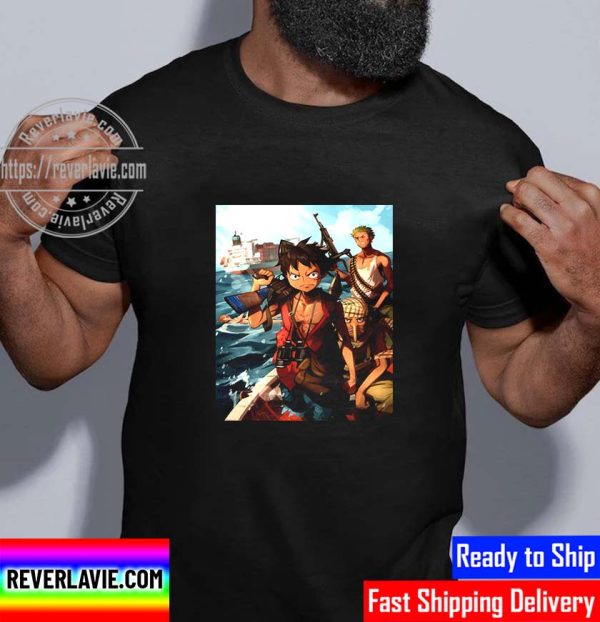 One Piece Pirates Luffy Zoro And Usopp With Guns In The Sea Unisex T-Shirt