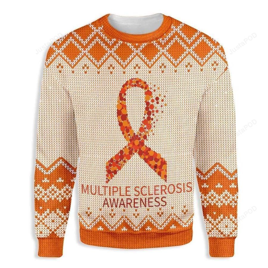 Orange Ribbon Multiple Sclerosis Awareness Ugly Christmas Sweater All Over