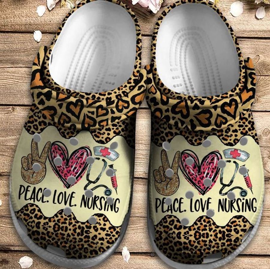 Peace Love Nursing Crocs Shoes - Leopard Skin Crocbland Clog Birthday Gift For Woman Girl Friend