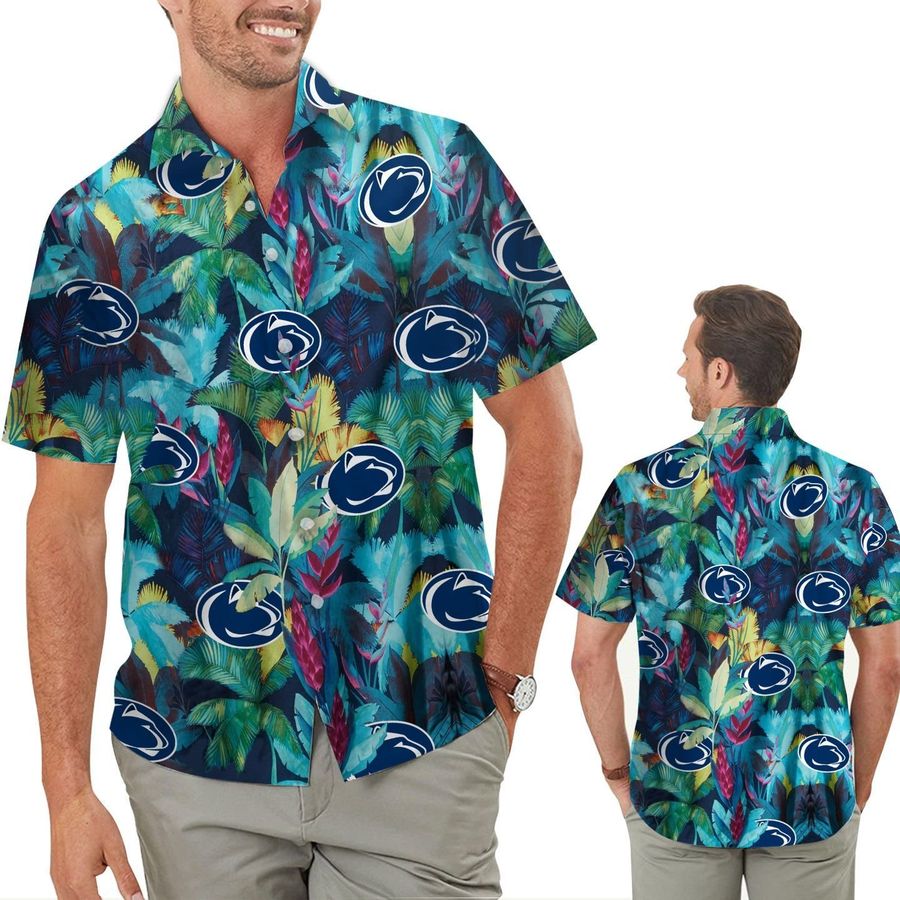 Penn State Nittany Lions Floral Tropical Men Women Short Sleeve Button Up Tropical Aloha Hawaiian Shirts For Men Women Pennsylvania State University