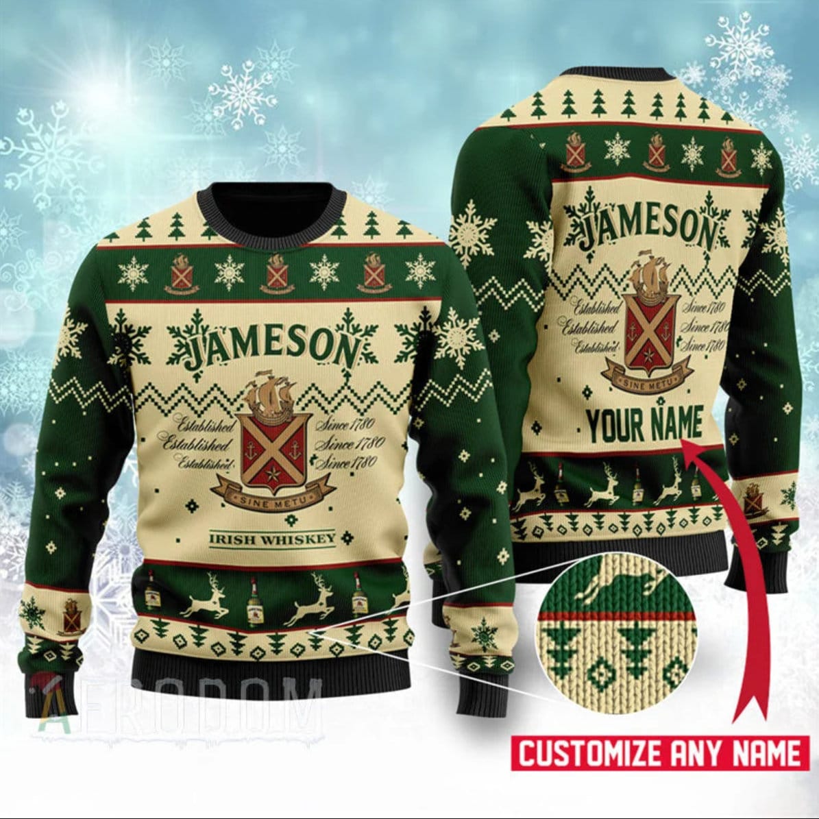 Personalized Jameson Irish Whiskey Ugly Christmas Happy Xmas Wool Knitted Sweater