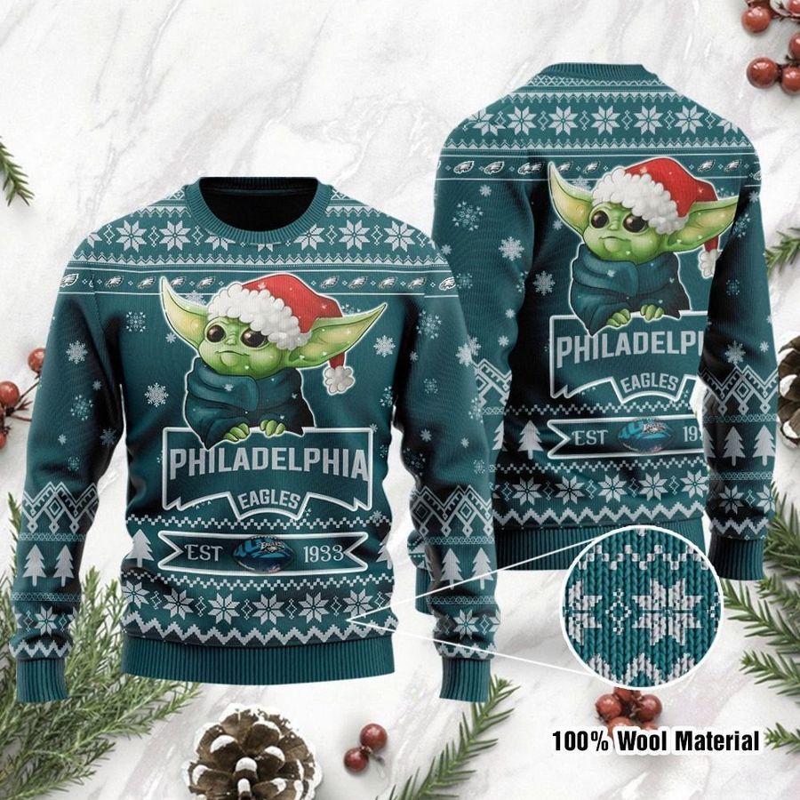 Philadelphia Eagles Cute Baby Yoda Grogu Ugly Christmas Sweater Ugly
