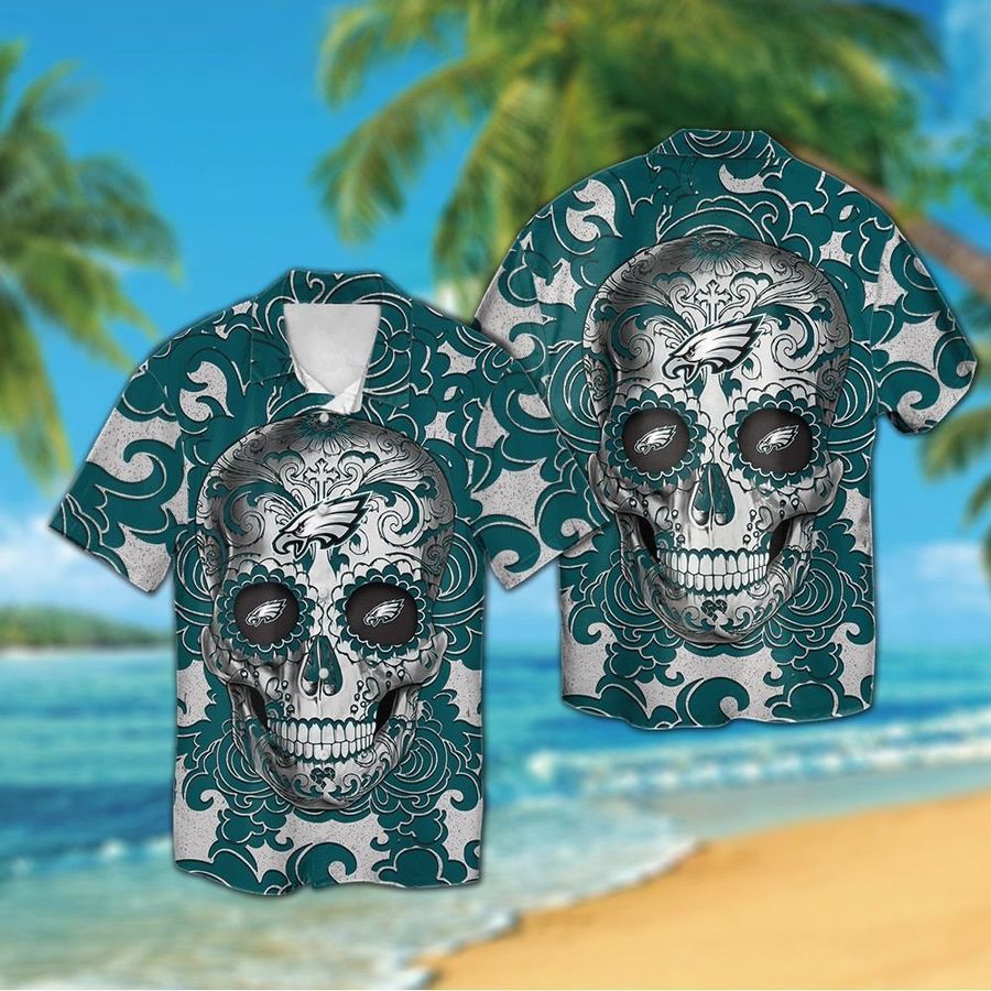 Philadelphia Eagles Sugarskull Short Sleeve Button Up Tropical Aloha Hawaiian Shirts For Men Women