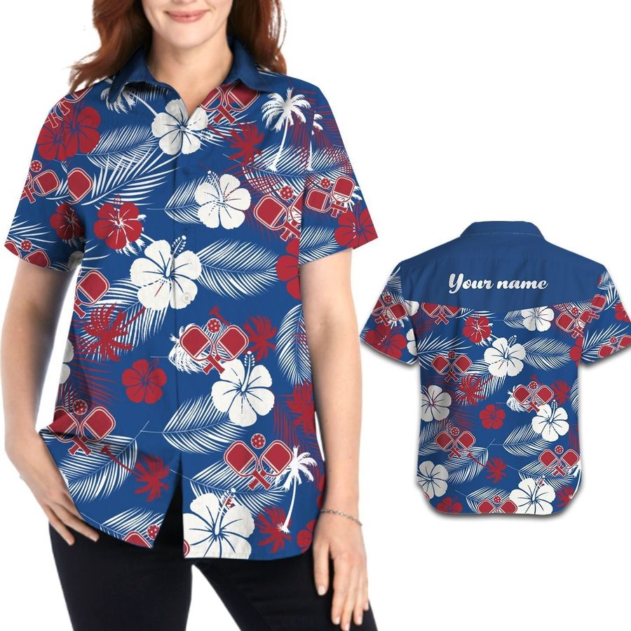 Pickleball Aloha Floral Tropical Pattern Custom Name Women Button Up Hawaiian Shirt Personalized Gifts For Sport Lovers
