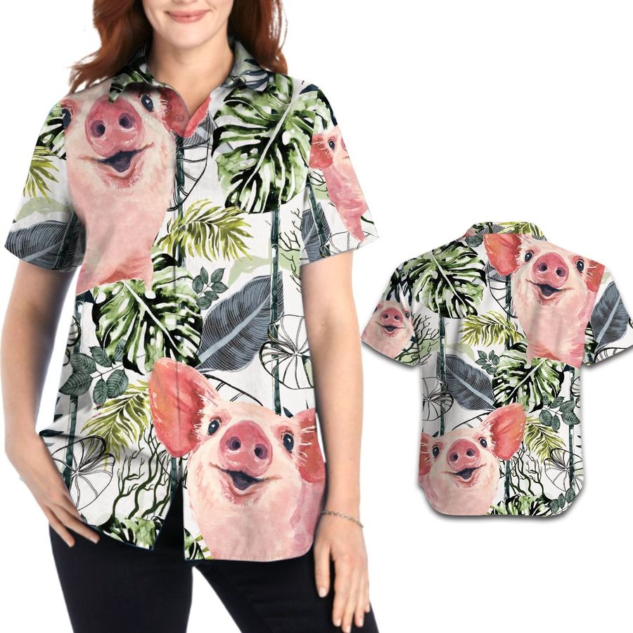 Pig Vintage Tropical Leaves Women Aloha Hawaiian Button Up Shirt For Pig Lovers In Beach Summer Vacation