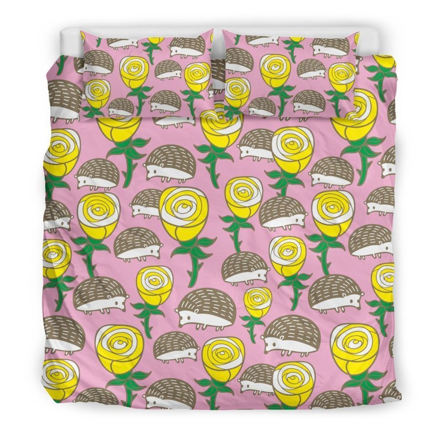 Pink Rose Hedgehogs Pattern Print Duvet Cover Bedding Set