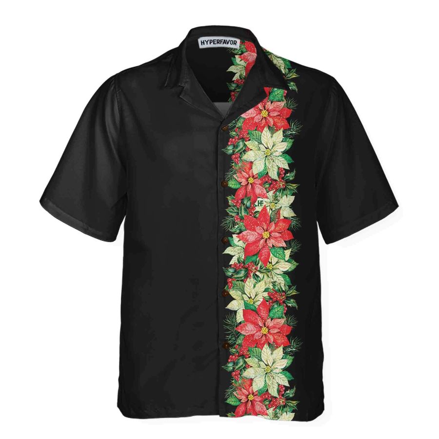 Poinsettia Flowers And Holly Berries Christmas Hawaiian Shirt