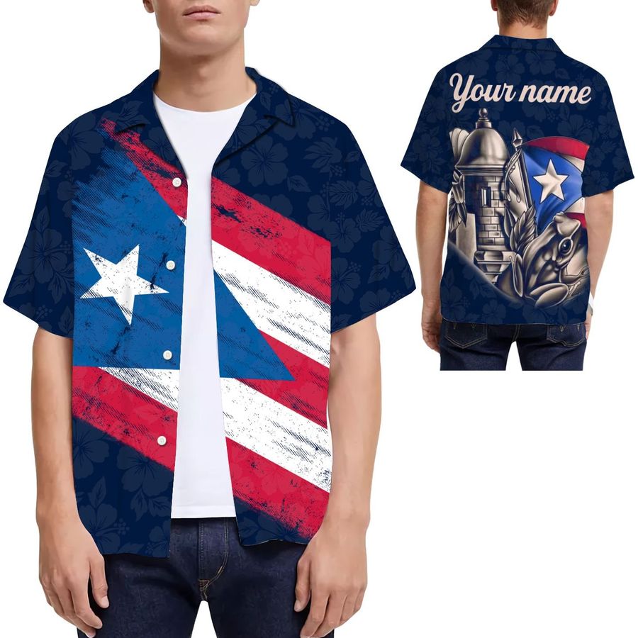 Puerto Fico Flag Hibiscus Coqui Frog Custom Name Men Hawaiian Shirt For Boricua