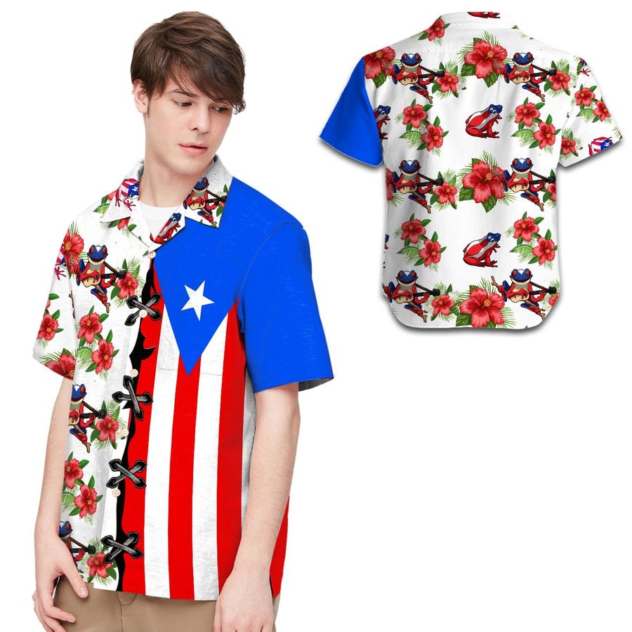 Puerto Rico Flag Hibiscus Coqui Frog Men Hawaiian Shirt For Puerto Ricans Or Boricua
