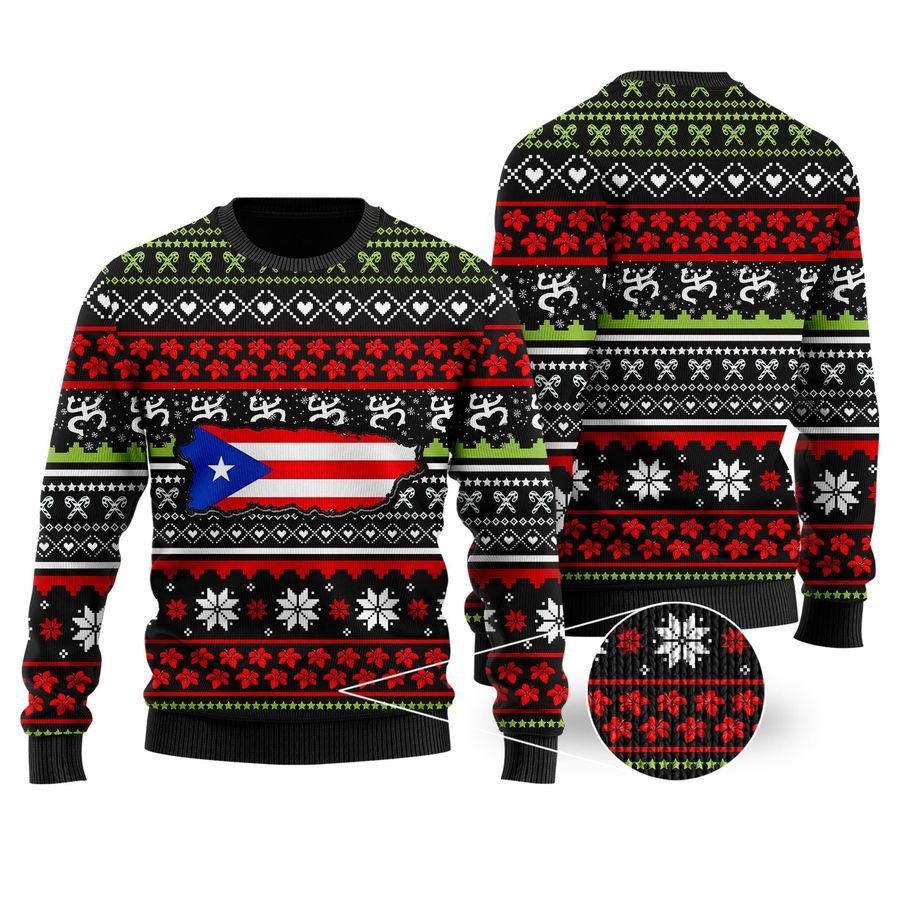 Puerto Rico Map Flag Coqui Taino Frog Noel Pattern Ugly Sweater