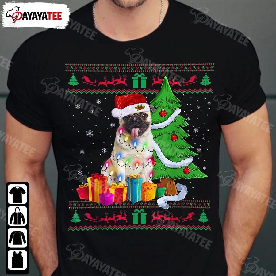 Pug Christmas Lights Tree Shirt Funny Pug Santa Hat Christmas Tree Colorful Gift Box