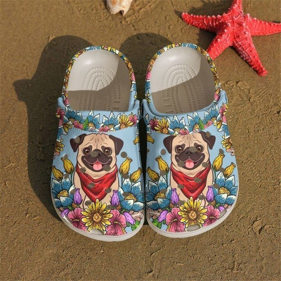 Pug With Flower Crocs Clog Shoes