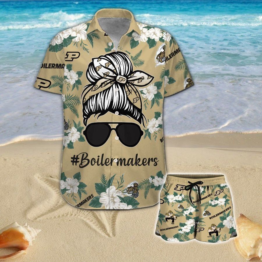 Purdue Boilermakers Girl Messy Bun Short Sleeve Button Up Tropical Aloha Hawaiian Shirts For Men Women