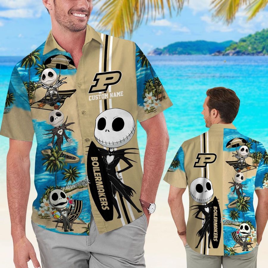 Purdue Boilermakers Jack Skellington Custom Name Short Sleeve Button Up Tropical Aloha Hawaiian Shirts For Men Women Purdue University