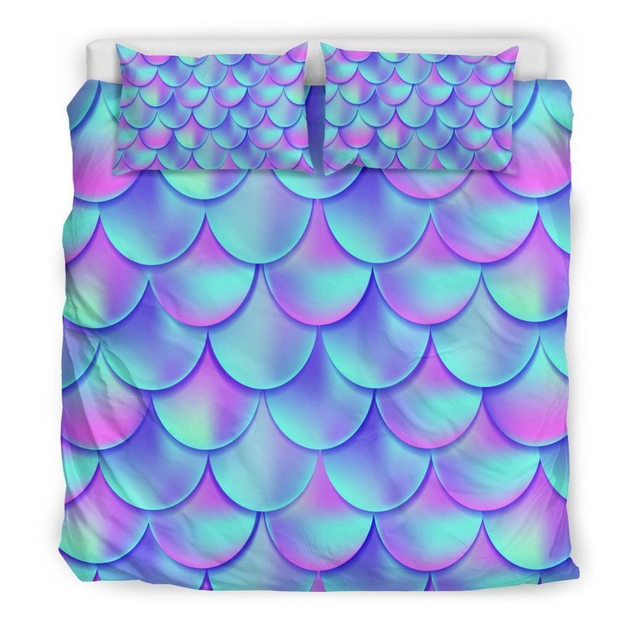 Purple Mermaid Teal Scales Pattern Print Duvet Cover Bedding Set