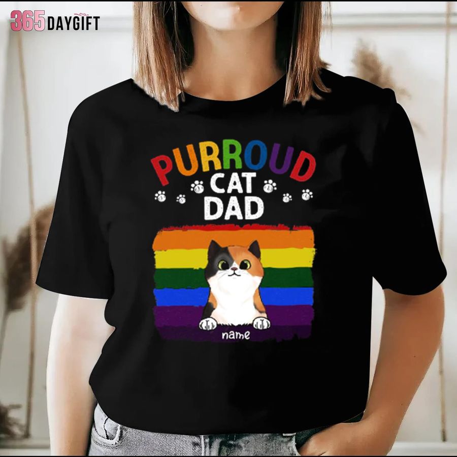 Purroud Cat Dad Name Rainbow Color Custom Cat Dad Shirt