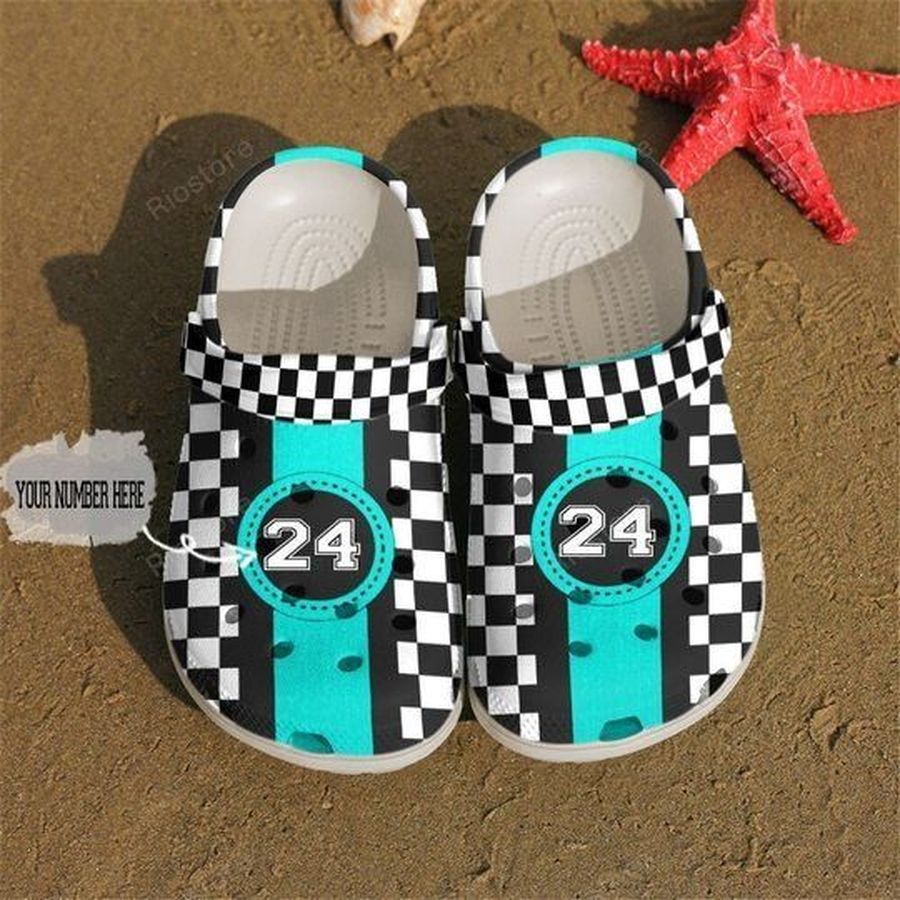 Racing Checkered Flag Cyan Personalize Clog Custom Crocs Clog Number On Sandal Fashion Style Comfortable For Women Men Kid