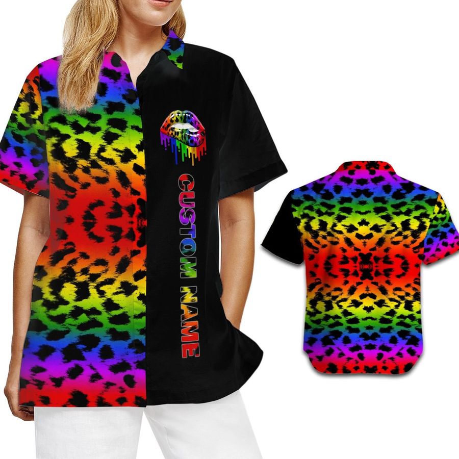Rainbow Cheetah Skin Pattern Custom Name Women Hawaiian Aloha Tropical Beach Button Up Shirt For Lgbt In Pride Month