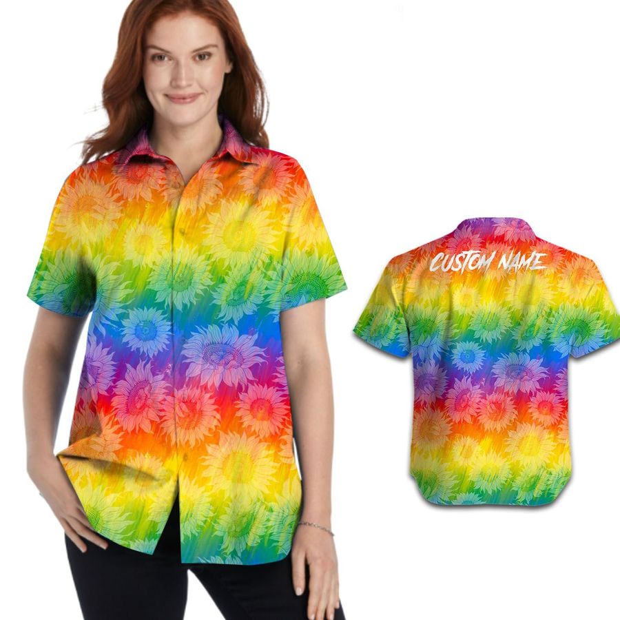 Rainbow Sunflower Pattern Custom Name Women Hawaiian Shirt For Lgbtq Community In Pride Month