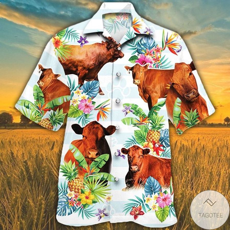 Red Angus Cattle Lovers Tropical Flower Hawaiian Shirt