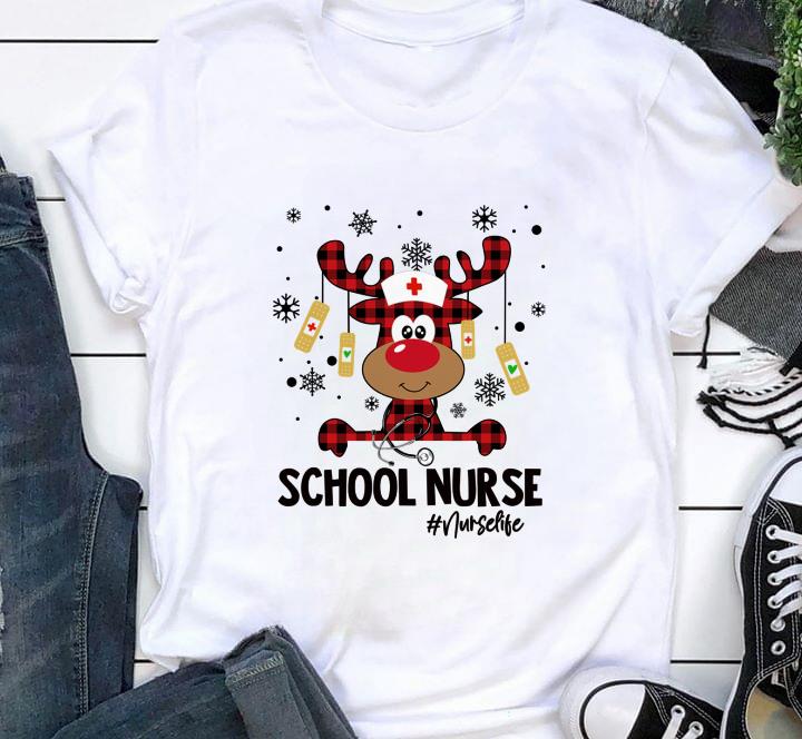 Red Plaid School Nurse Life Reindeer Christmas Pajama Xmas T-Shirt