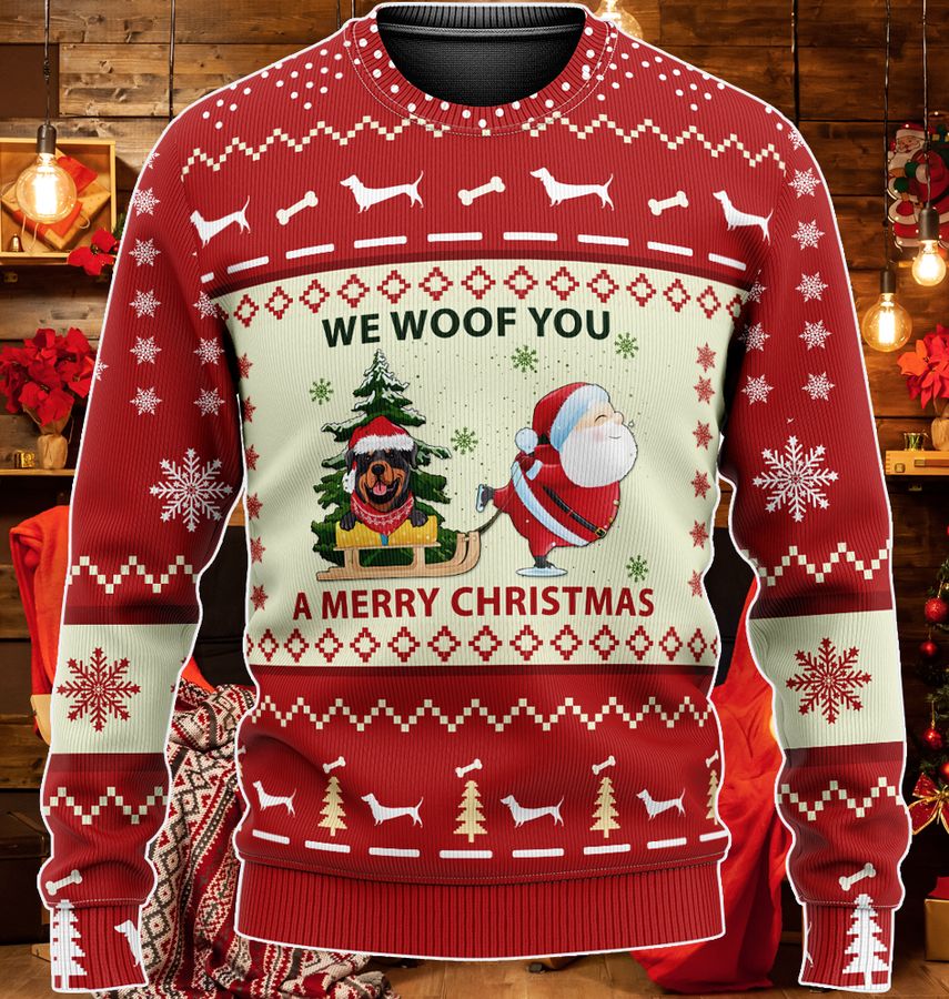 Red Rottweiler We Woof You A Merry Christmas ugly Sweater and Hoodie