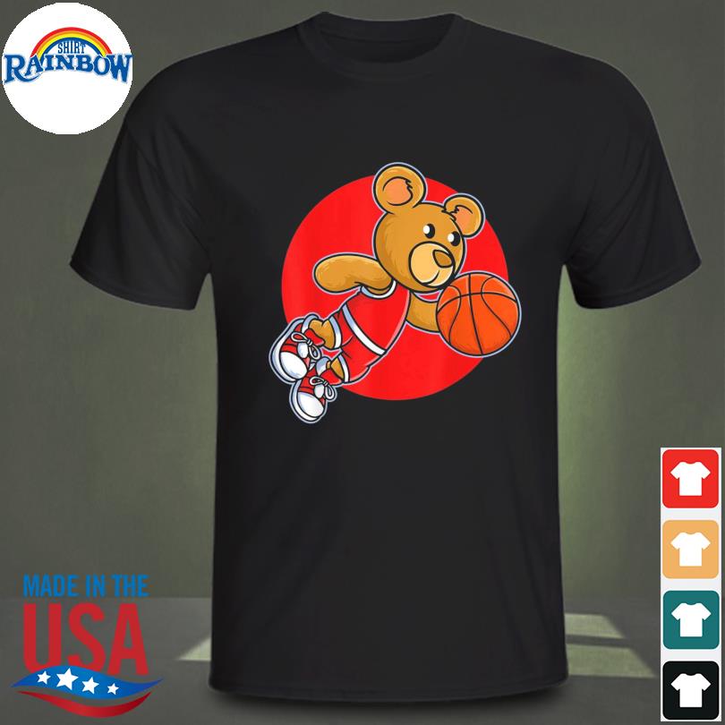 Red teddy bear playing basketball sport shirt